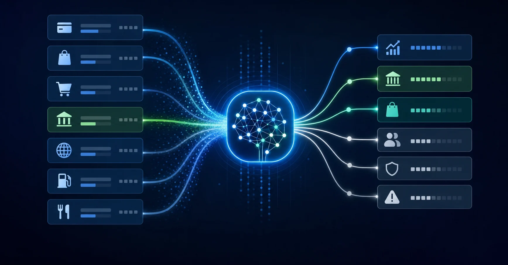A clean, modern illustration showing an AI neural network analyzing financial transaction data streams. Visual elements include abstract data flows with abbreviated vendor names, transaction amounts, and merchant category signals converging into a central AI processing node. The style should be professional and technical, using a color palette of blues, greens, and whites. Show data inputs flowing from multiple directions toward a glowing central hub representing the inference layer. Include visual representations of pattern recognition and classification confidence through gradient opacity or connection strength.