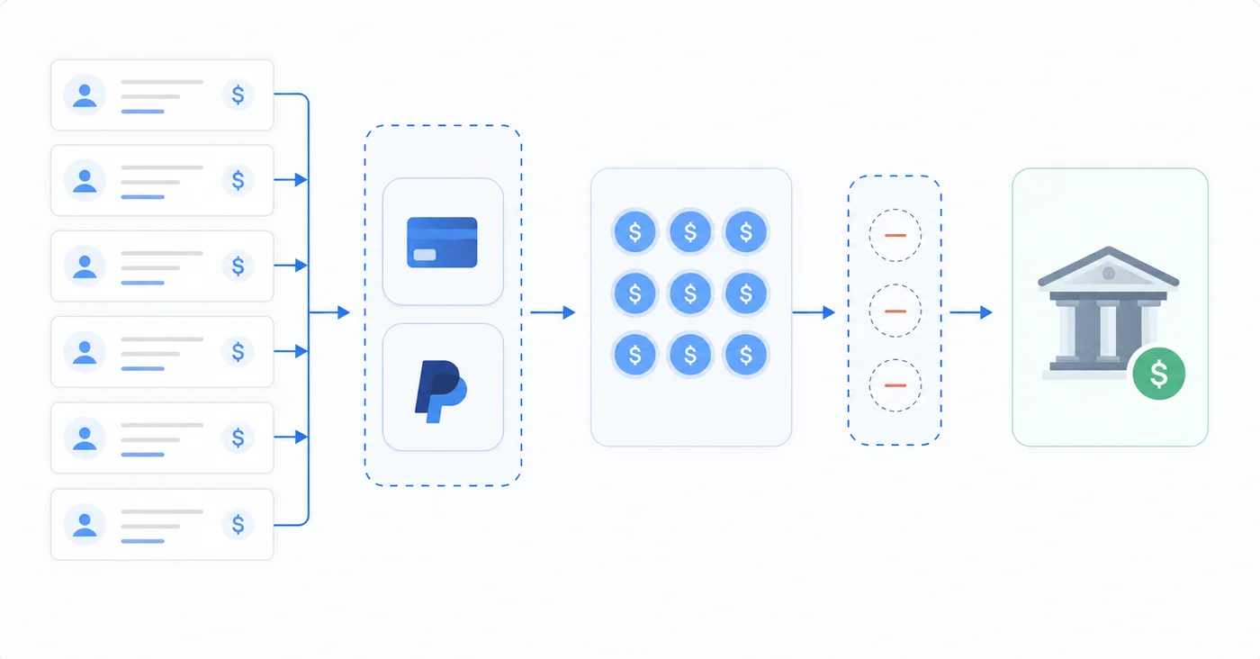 A clean, professional diagram showing payment flow complexity: customer payments flowing through payment processors like Stripe and PayPal, being batched together, fees being deducted, then arriving as a single net deposit into a bank account. Visual contrast between multiple individual invoice amounts on one side and a single consolidated deposit amount on the other side. Modern fintech illustration style with arrows showing the flow, minimal color palette in blues and grays, no text or labels.