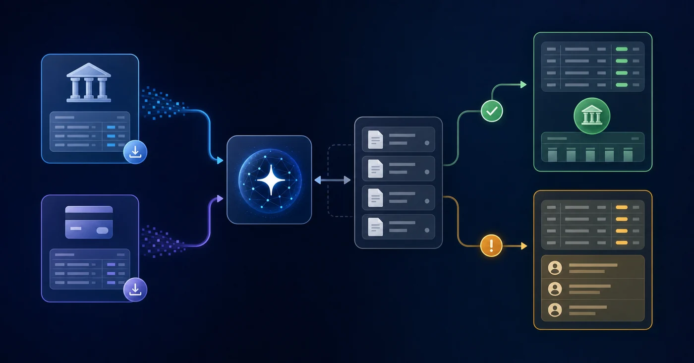 A clean technical diagram showing an automated reconciliation workflow: bank statements and payment processor data flowing into an AI matching engine in the center, with arrows showing the engine comparing transactions against open invoices, splitting into two output paths - one showing auto-matched transactions being posted directly to the ledger, and another showing flagged exceptions routing to a review queue. Modern fintech illustration style with blues and grays, geometric shapes representing data flows, no text or labels.