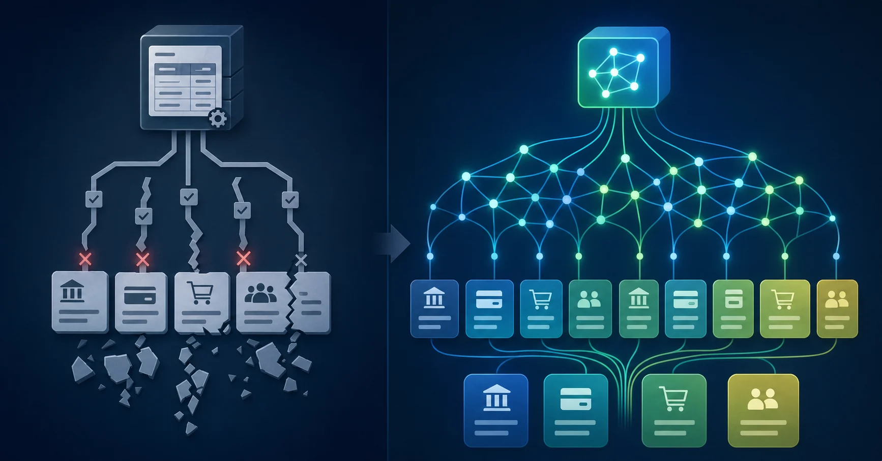 A clean, modern illustration showing the difference between rigid rule-based matching and flexible AI pattern recognition for financial transactions. On one side, show a brittle system with exact string matching breaking when variations occur, represented by fragmented or broken pathways. On the other side, show an adaptive AI system recognizing patterns across variations, represented by smooth, interconnected neural network-style nodes that successfully categorize diverse transaction data. Use a professional color palette with blues and greens, abstract geometric shapes, and a technical but accessible style suitable for accounting software documentation.