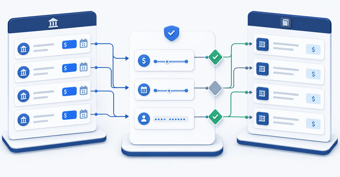 A clean, modern diagram showing automated transaction matching workflow in financial software. Display three parallel columns: left column showing bank transactions with dollar amounts and dates, middle column showing matching rules with connecting lines and decision points, right column showing general ledger entries. Use arrows and connecting lines to illustrate how transactions flow through matching criteria like amount tolerance, date ranges, and payee patterns. Professional blue and gray color scheme, isometric perspective, minimal style without any text labels or words.