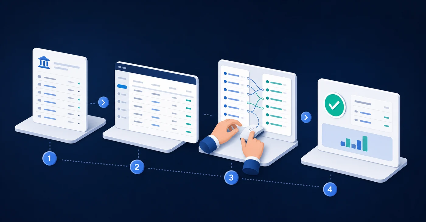 A clean, modern illustration showing a step-by-step bank reconciliation workflow interface. Display four sequential stages in a horizontal flow: a bank statement document with transaction lines, a general ledger screen showing book entries, hands using a mouse to match transactions with connecting lines between items, and a final balanced reconciliation screen showing zero difference. Use a professional blue and gray color scheme, isometric perspective, minimal flat design style. No text, words, or letters.