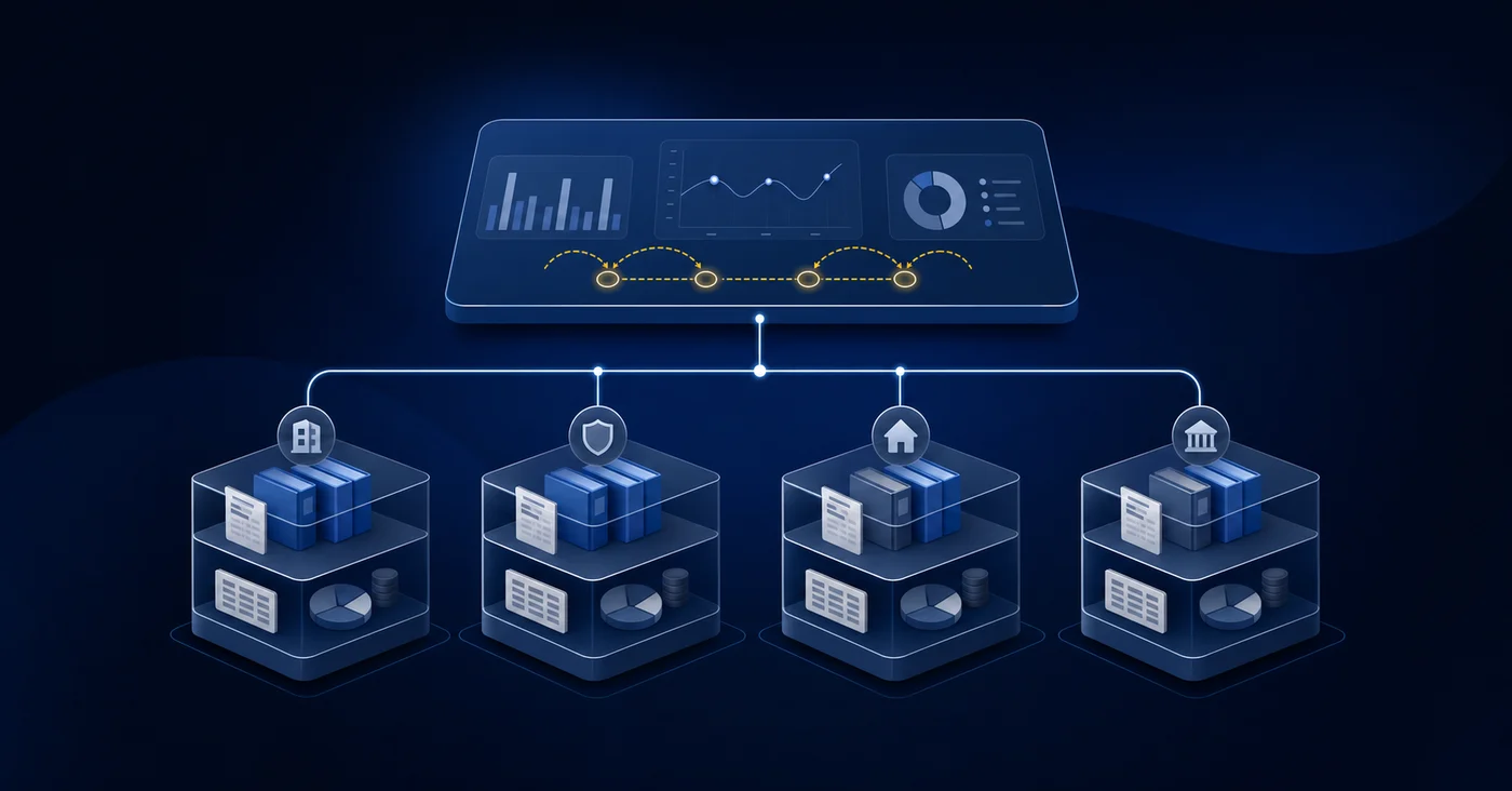A clean, professional diagram showing multi-entity accounting consolidation architecture. Multiple separate ledger boxes representing different legal entities (LLCs, trusts, holding companies) feeding into a central consolidation layer. Each entity box shows simplified accounting books. The consolidation layer sits above with elimination entries flowing between entities. Modern, technical illustration style with a blue and gray color scheme, isometric or layered perspective, minimal design suitable for financial software documentation.