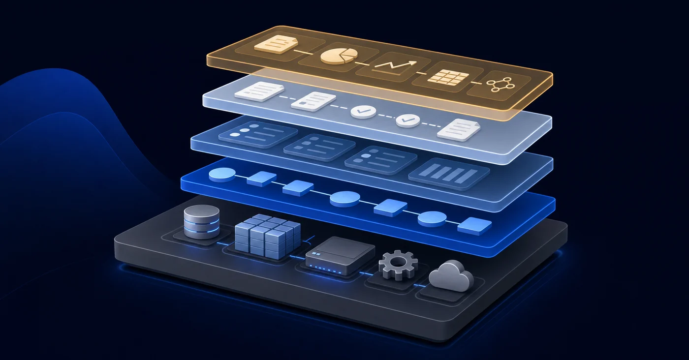 A professional diagram showing layered software architecture with a foundation platform at the bottom and multiple functional automation layers stacked on top. Clean geometric shapes representing different workflow systems arranged in horizontal tiers. Modern technical illustration style with blue and gray colors, minimal design, isometric perspective.
