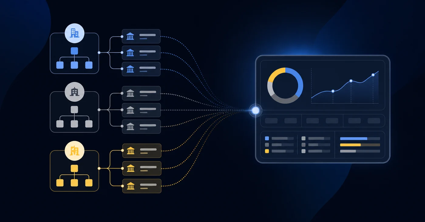 A clean, professional diagram showing multiple organizational entities with connected bank accounts flowing into a consolidated cash position view. Visual representation of complexity in multi-entity cash tracking with nodes, connections, and hierarchical structure. Modern financial data visualization style with blues and grays, abstract geometric shapes representing different entities and accounts converging into a unified dashboard view.