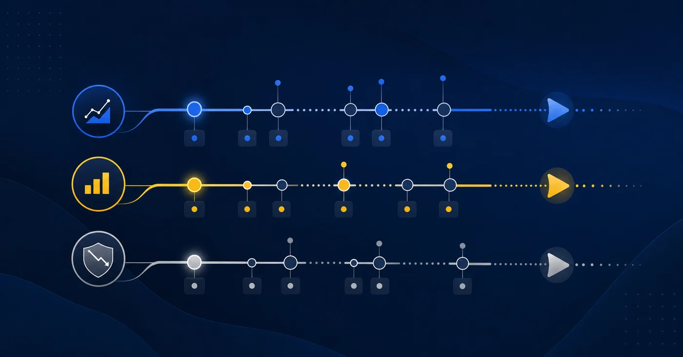 Professional financial scenario modeling visualization showing three parallel timelines or paths representing different capital call scenarios. Clean diagram with three distinct branches labeled visually as base, accelerated, and stress scenarios, using abstract geometric shapes, timeline bars, and data points flowing along each path. Modern financial analytics style with blues, grays, and subtle accent colors. Abstract representation of cash flow forecasting under different conditions with nodes, connecting lines, and progression indicators. No text or letters in the image.