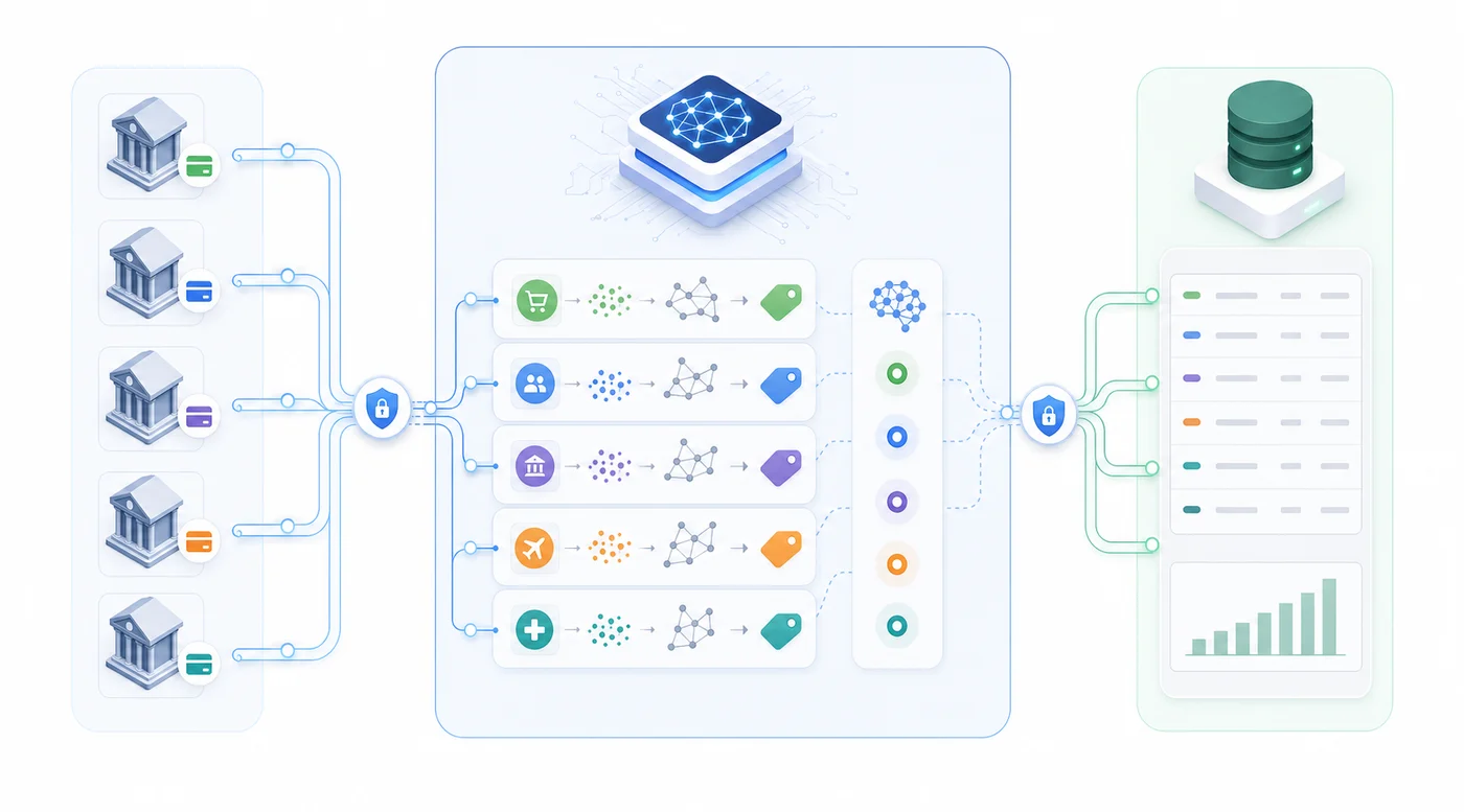 A clean technical diagram showing automated financial data workflow with three distinct layers: on the left, multiple bank account icons, in the center, an AI processing layer with intelligent classification nodes and matching algorithms, and on the right, a structured accounting ledger system. Show data flowing from left to right through secure connection lines. Include visual elements representing transaction categorization, dimensional tagging, and GL account mapping happening in the middle layer. Use a modern, professional color palette with blues, grays, and subtle greens. Isometric or flat design style, no text or labels.