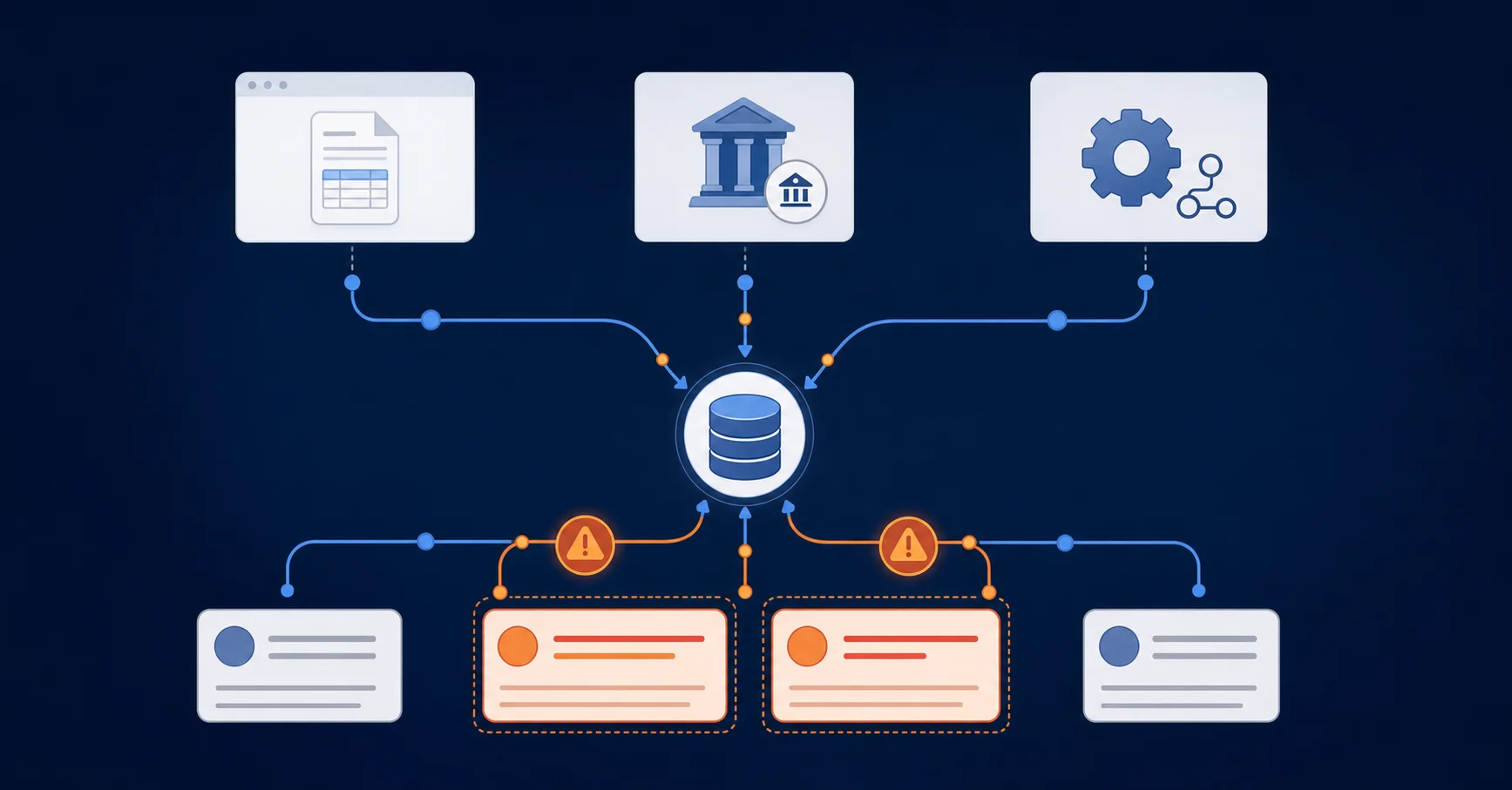 A technical diagram showing multiple software systems converging on a central database or ledger system, with overlapping or conflicting data paths creating duplicate entries. Abstract representation of Bill.com, bank feeds, and automation tools all writing to the same general ledger simultaneously. Use clean lines, nodes, arrows showing data flow, and visual indicators of conflict or overlap where duplicate transactions occur. Professional business software architecture style with blues, grays, and orange accent colors for conflict points. No text or labels.