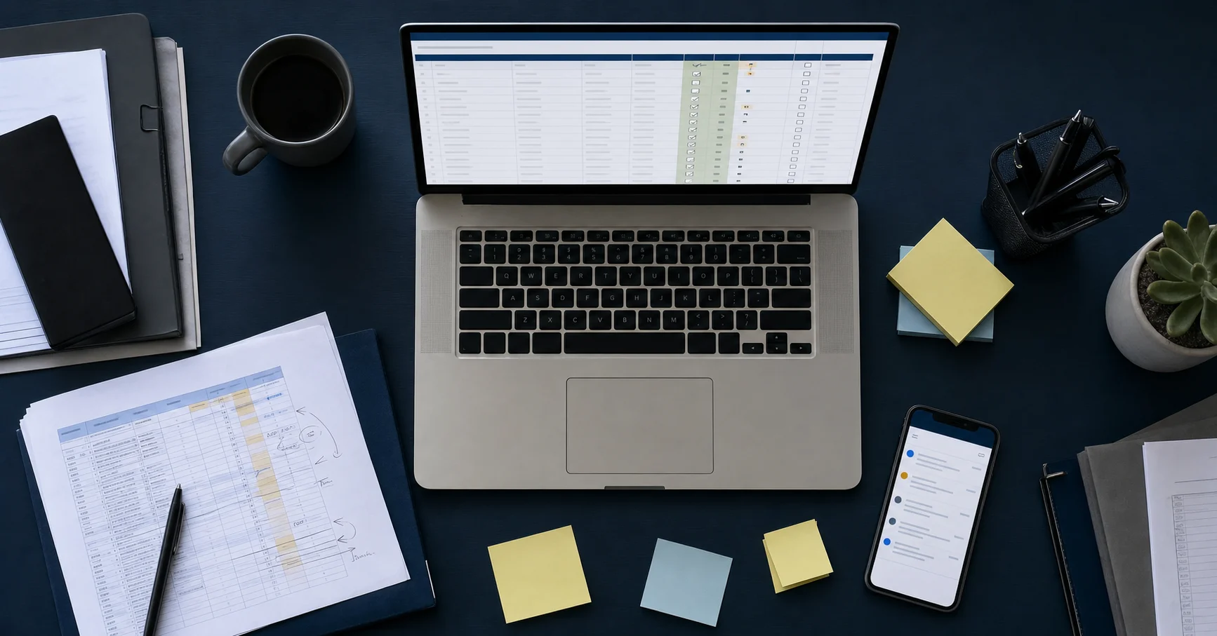 A bird's eye view of a desk showing fragmented close approval workflow across multiple disconnected tools: an open laptop displaying a spreadsheet with checkboxes and approval tracking columns, a printed reconciliation document with handwritten notes, a smartphone showing an email thread about approvals, and sticky notes with file location reminders scattered around. Professional accounting office setting, realistic business photography style, overhead angle, soft natural lighting. No text, words, or letters visible in the image.
