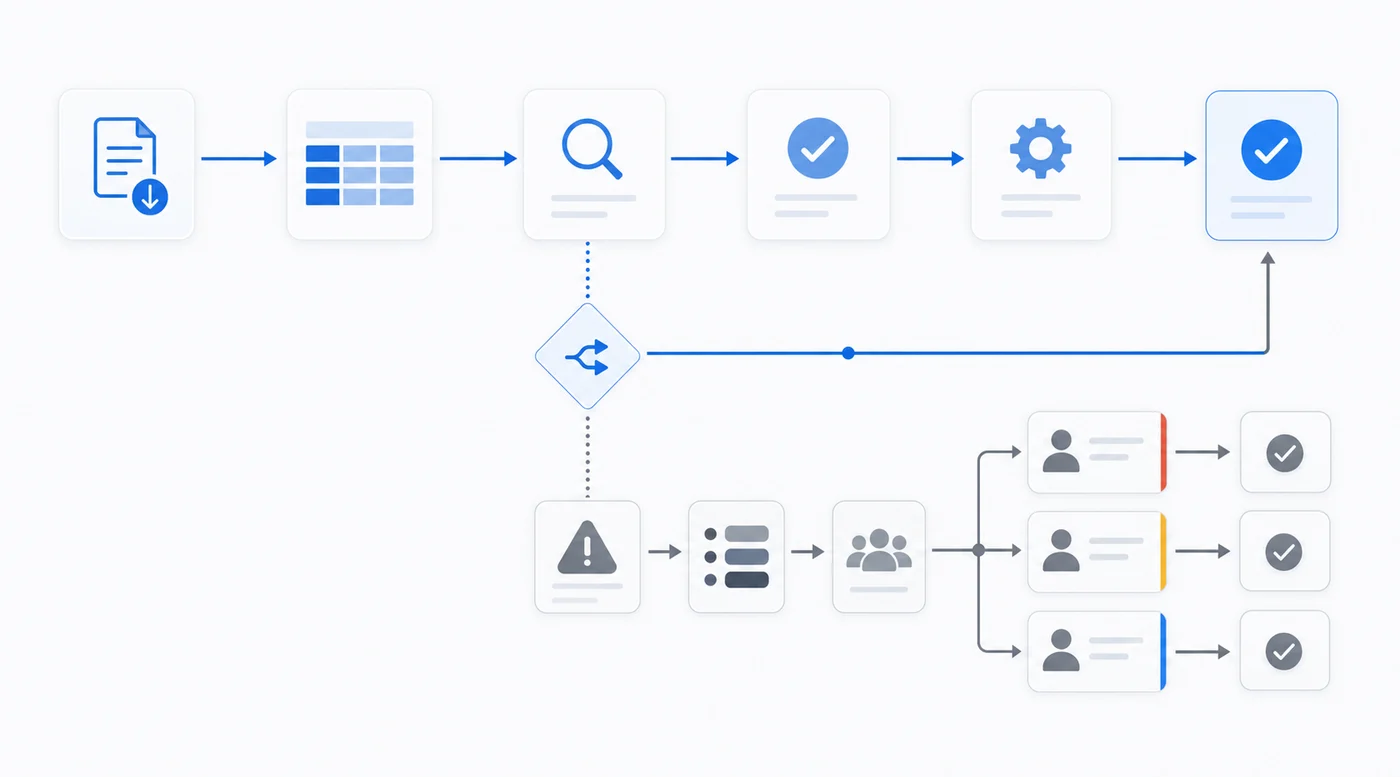 A clean, professional diagram showing transaction routing workflow with two paths: one path showing matching transactions flowing automatically through to approval, and another path showing exceptions being flagged and routed to different reviewer queues based on severity and type. Use arrows, simple geometric shapes, and a blue and gray color scheme. Modern, minimal style suitable for financial software documentation.