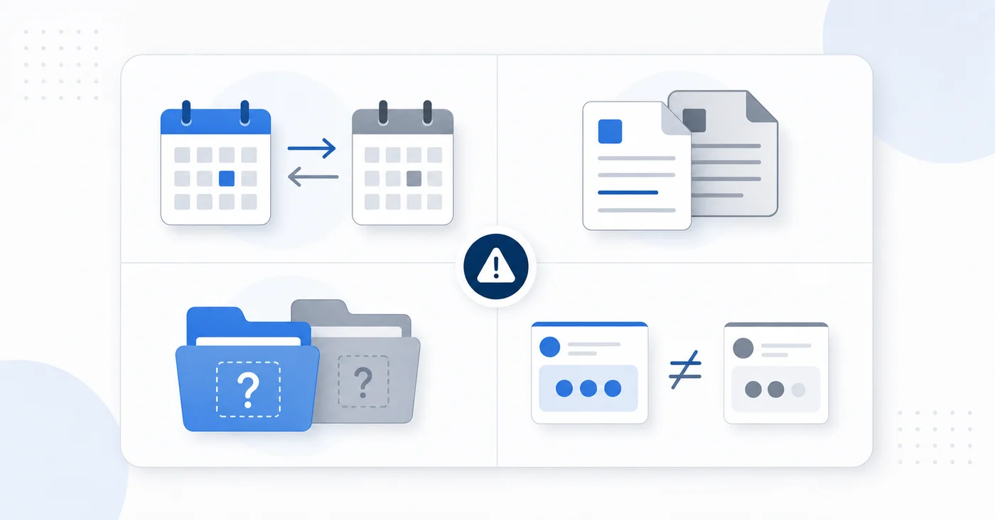 A clean, professional diagram showing four categories of accounting exceptions arranged in a grid or quadrant layout: timing differences represented by calendar icons with arrows, duplicate entries shown as overlapping document symbols, missing documents depicted as empty file folders with question marks, and amount variances illustrated with mismatched number values. Use a blue and gray color scheme with simple, minimal geometric shapes. Modern financial software documentation style, no text or letters.