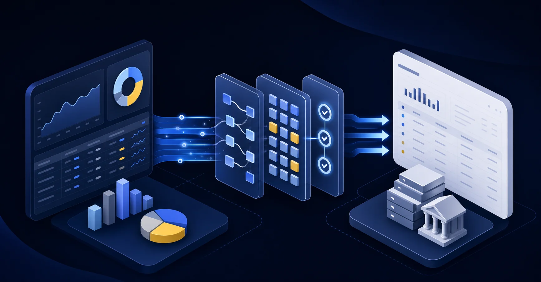 A clean, professional diagram showing data flow between two financial software systems. On the left side, an investment portfolio management platform with portfolio positions and valuations. In the center, arrows flowing through a data mapping and transformation layer with checkpoints. On the right side, a general ledger accounting system with journal entries and account structures. Modern, minimalist style with blues and grays, isometric perspective, no text or labels.