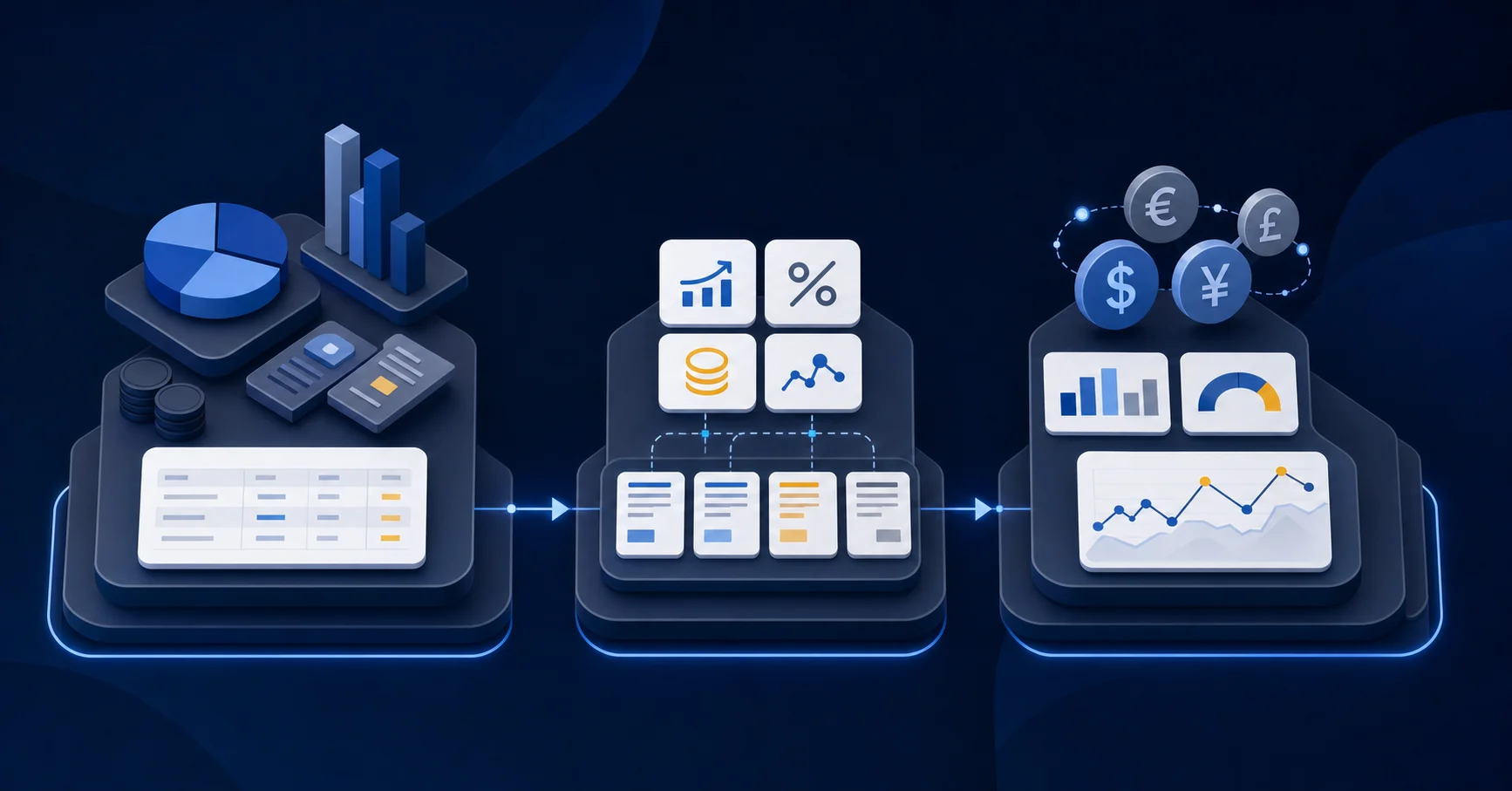 A clean, professional diagram showing three-stage brokerage account reconciliation workflow. First stage shows portfolio positions and securities matching to general ledger accounts. Second stage shows transaction flows - dividends, interest payments, fees, and capital gains - mapping to journal entries. Third stage shows foreign exchange currency symbols and accrual calculations with variance tracking. Modern financial services aesthetic, isometric perspective, blues and grays, clean lines, no text or labels.
