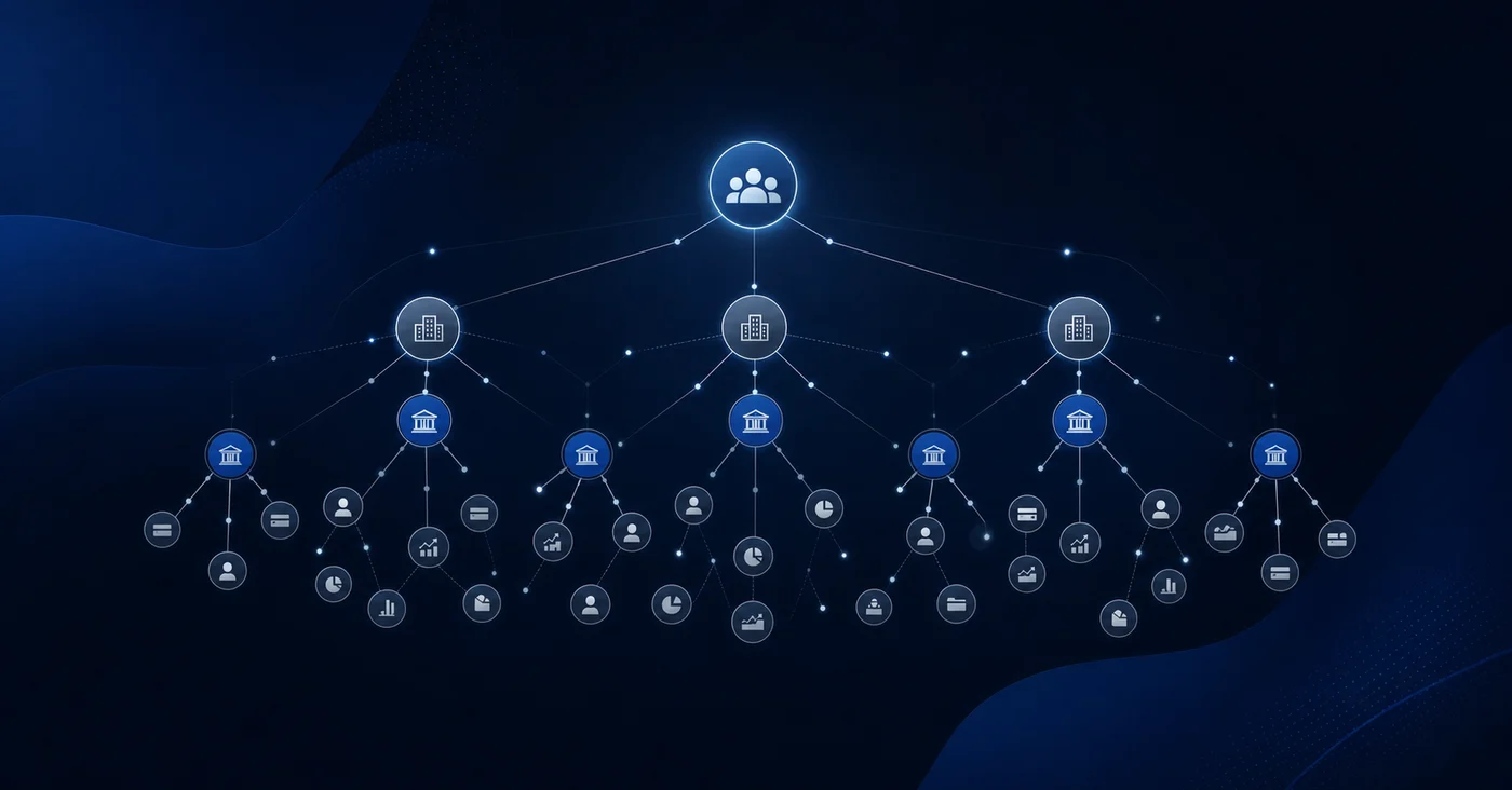A clean, professional illustration showing a complex network of interconnected nodes representing multiple entities and accounts in a family office structure. The visualization should show branching connections between parent and child entities, with clusters of smaller nodes representing bank accounts, brokerage accounts, and investment positions. Use a sophisticated blue and gray color palette. The image should convey organizational complexity and interconnected relationships in a financial structure, with a modern, minimalist design style suitable for a professional accounting audience.