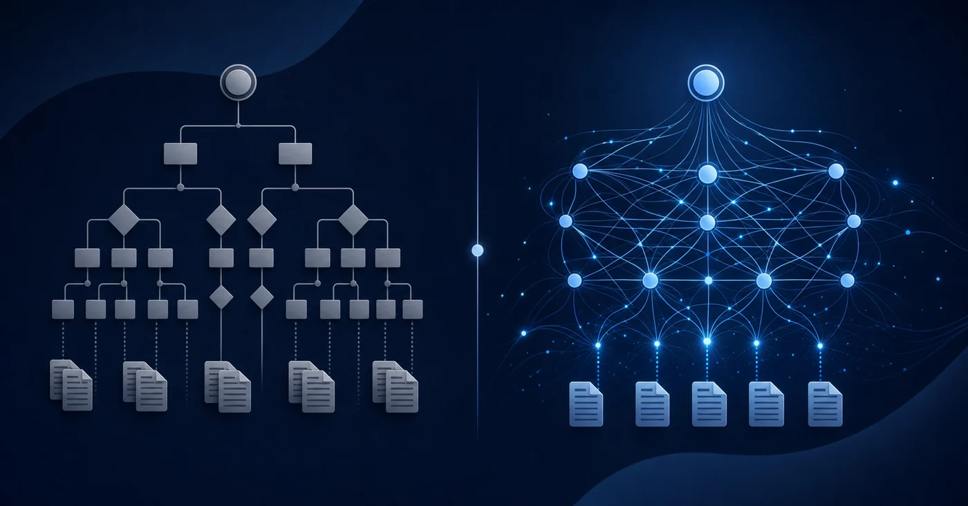 A professional, minimalist illustration comparing two different matching systems side by side. On the left, show a rigid, mechanical system with fixed branching decision trees and rule pathways that appear limited and inflexible. On the right, show an adaptive, learning system with dynamic neural network-style connections that evolve and adjust based on patterns. Use a sophisticated blue and gray color palette. The image should convey the contrast between static rules-based logic and adaptive AI pattern recognition in a financial reconciliation context, with a clean, modern design suitable for a professional accounting audience. No text or letters.