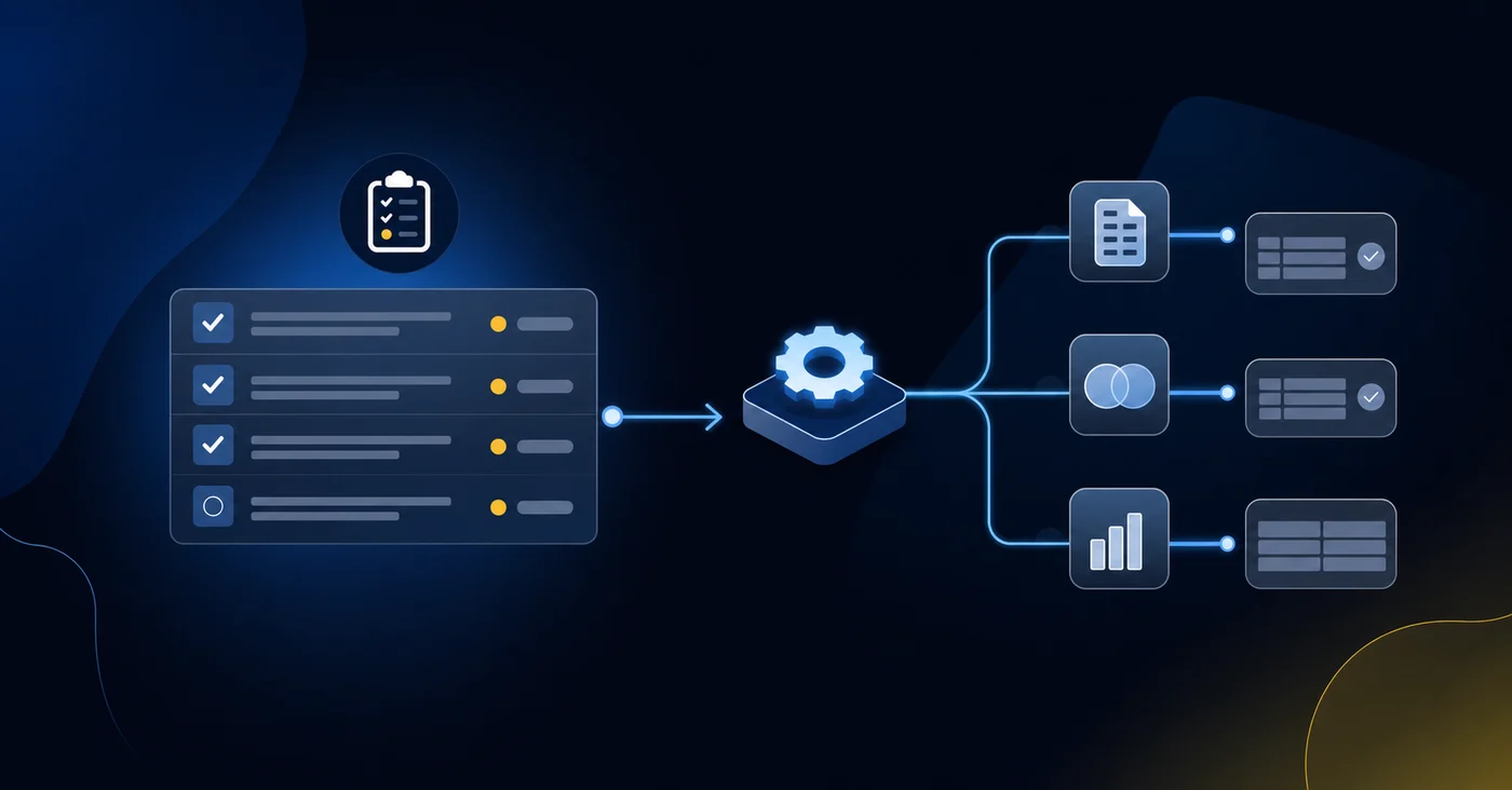 A clean, modern illustration showing the contrast between task orchestration and work automation in accounting. Left side shows a checklist or task board with checkmarks and status indicators, representing task tracking. Right side shows automated processes like transaction coding, reconciliation matching, and journal entry preparation flowing through a system. Use a professional color palette with blues and grays. Isometric or flat design style. No text, words, or letters in the image.