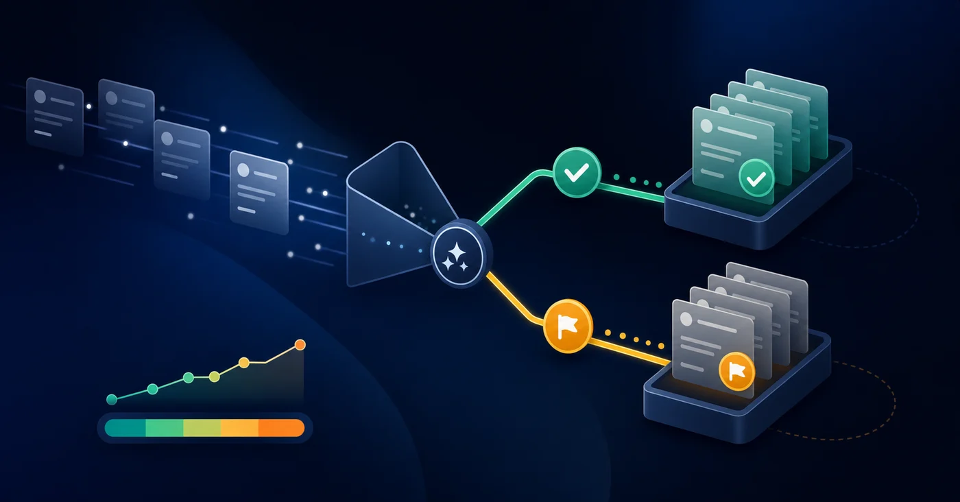 A clean, modern illustration showing an exception-based review workflow for accounting. Show a funnel or queue system where transactions flow through, with some items automatically passing through (marked with high confidence indicators like checkmarks or green signals) while others are routed to a separate review queue (marked with flag icons or yellow/orange indicators). Include visual elements representing confidence scores or trust levels. Use a professional color palette with blues, greens, and subtle orange/yellow for exceptions. Isometric or flat design style. No text, words, or letters in the image.