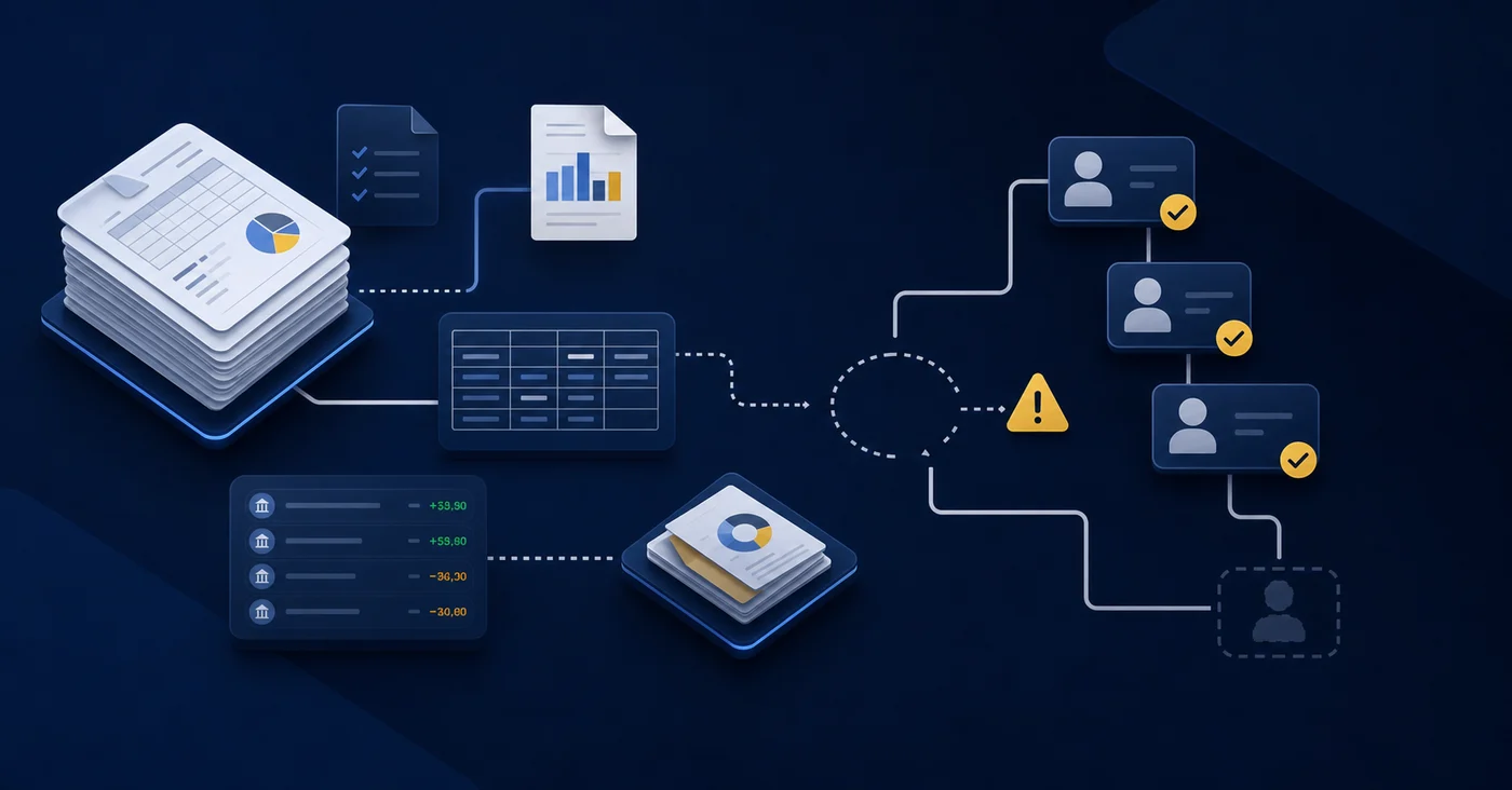 A professional illustration showing audit workflow with visible gaps and missing connections, depicting financial documents, transaction logs, and approval chains with some paths incomplete or disconnected, clean modern business style, muted professional color palette, isometric or semi-flat design
