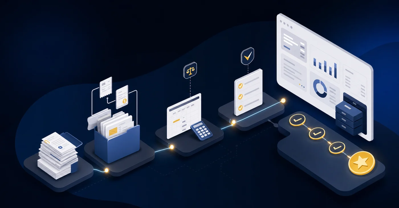 A professional isometric illustration showing continuous accounting documentation workflow throughout a month, depicting organized file systems with transaction documents being systematically attached to journal entries, reconciliation checkpoints being completed in real-time, and a clean audit trail being built progressively, modern clean business style, muted professional color palette with blues and grays, showing the flow from daily transactions to month-end readiness