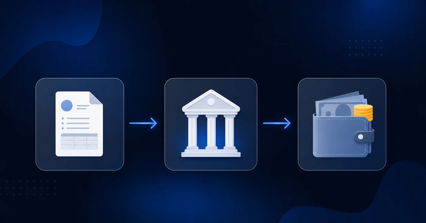 A clean, professional diagram showing the flow of an accounting clearing account workflow. Three connected boxes or nodes representing: accounts payable ledger on the left, a clearing account in the center, and a cash/brokerage account on the right. Arrows showing the two-step journal entry flow - first arrow from AP to clearing account, second arrow from clearing account to cash. Modern, minimalist business illustration style with soft blue and gray tones, no text or labels.