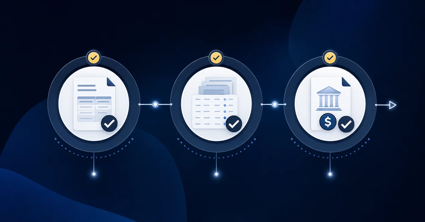 A clean, professional diagram showing a three-stage checkpoint reconciliation process. Three connected checkpoint nodes or gates arranged in a linear flow from left to right, representing statement receipt review, AP aging verification, and payment run approval. Modern business illustration style with blue and gray tones, showing document icons and checkmark symbols at each checkpoint stage. Minimalist, professional accounting workflow visualization.