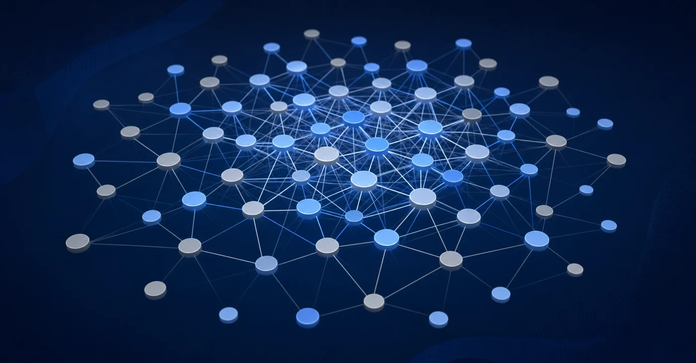 An abstract network diagram showing the exponential complexity of intercompany relationships in a multi-entity organization. Visualize dozens of interconnected nodes representing business entities, with lines connecting them to show intercompany transactions and eliminations. The network should grow denser toward the center, illustrating how connections multiply combinatorially as entity count increases. Use a professional, clean design with blue and gray tones, viewed from a slight angle to show depth. No text or labels.