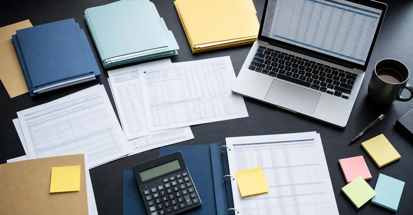 A professional overhead view of an accountant's workspace showing multiple overlapping spreadsheet printouts, laptop displaying financial data grids, calculator, sticky notes with entity numbers, and color-coded folders representing different entity groups. The scene should convey organizational complexity and manual coordination work, photographed in natural office lighting with a clean, modern aesthetic. No visible text or numbers on any documents.