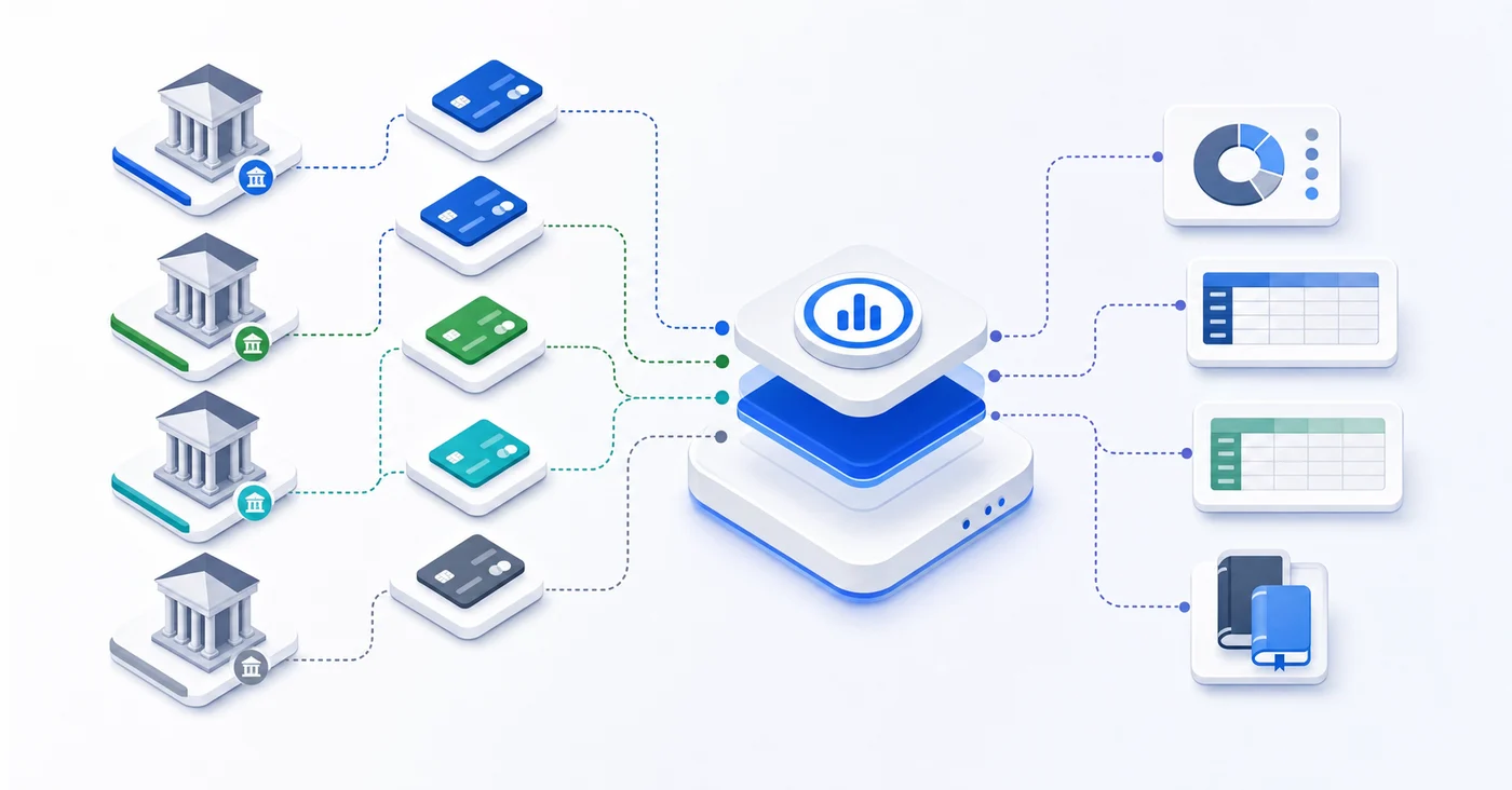 A clean, modern illustration showing a hierarchical bank account structure with multiple connected nodes representing different bank accounts and credit cards feeding into a central general ledger system. Display entity relationships, GL account mappings, and data flow connections in an organized diagram format. Use a professional color palette with blues, grays, and greens. Isometric or flat design style showing organized financial data architecture. No text, words, or letters.