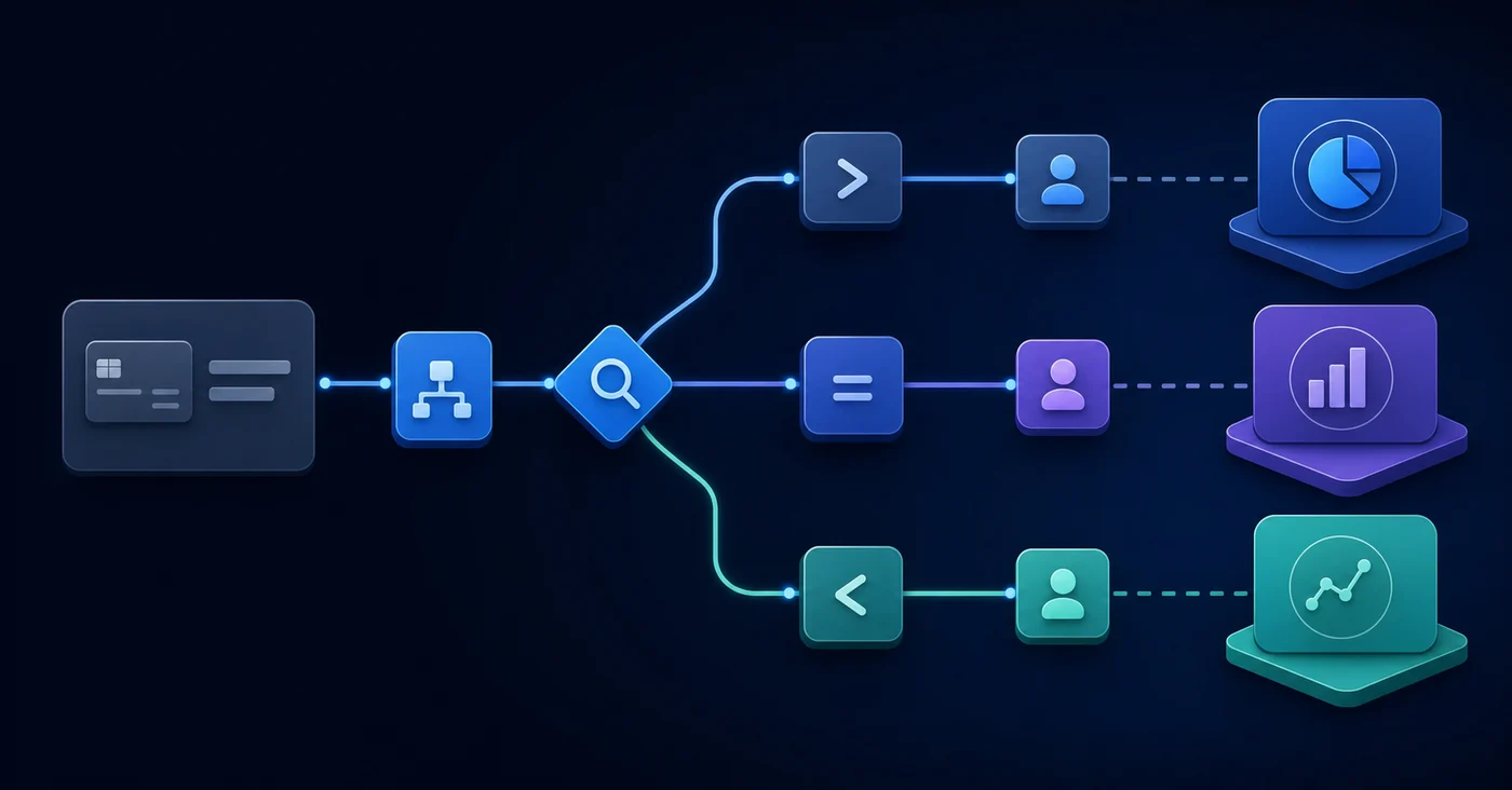 A clean, modern illustration of a conditional logic flowchart or decision tree system showing transaction routing paths. Display interconnected nodes and pathways representing merchant name matching, amount thresholds, and entity assignments flowing into organized categories. Use a professional color palette with blues and grays. Isometric or flat design style. No text, words, or letters.