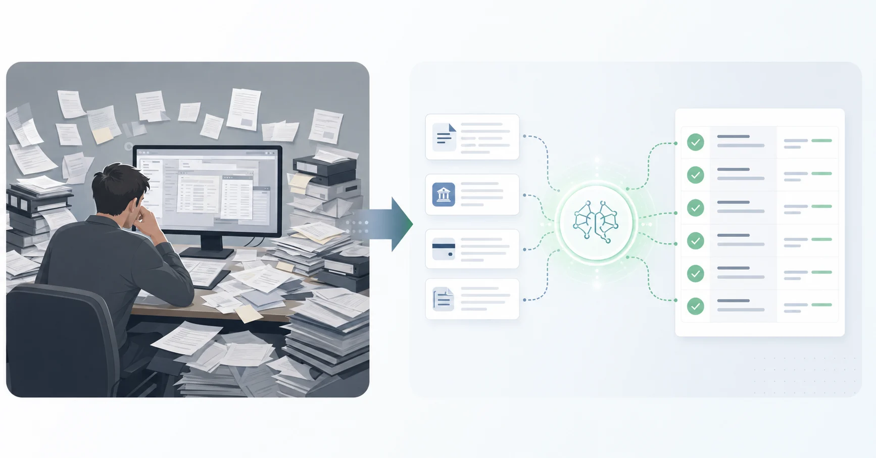 A clean, professional diagram showing the transformation from manual to automated transaction coding workflow. Left side shows a person at a desk surrounded by scattered paper documents, folders, and a computer with multiple windows open, representing manual work chaos. Right side shows a streamlined digital interface with organized data flowing smoothly through an AI processor symbol into a clean structured output. Use a muted color palette with blues, grays, and subtle green accents for the automated side. Modern, minimal illustration style with clean lines and geometric shapes. No text or letters in the image.
