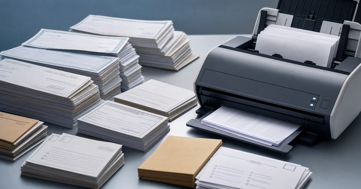 A high-volume nonprofit donation processing scene showing stacks of physical paper checks and reply cards on a flat surface, with a professional document scanner beside them, soft overhead office lighting, clean and organized workspace, muted blue and gray tones, no people visible, photorealistic style