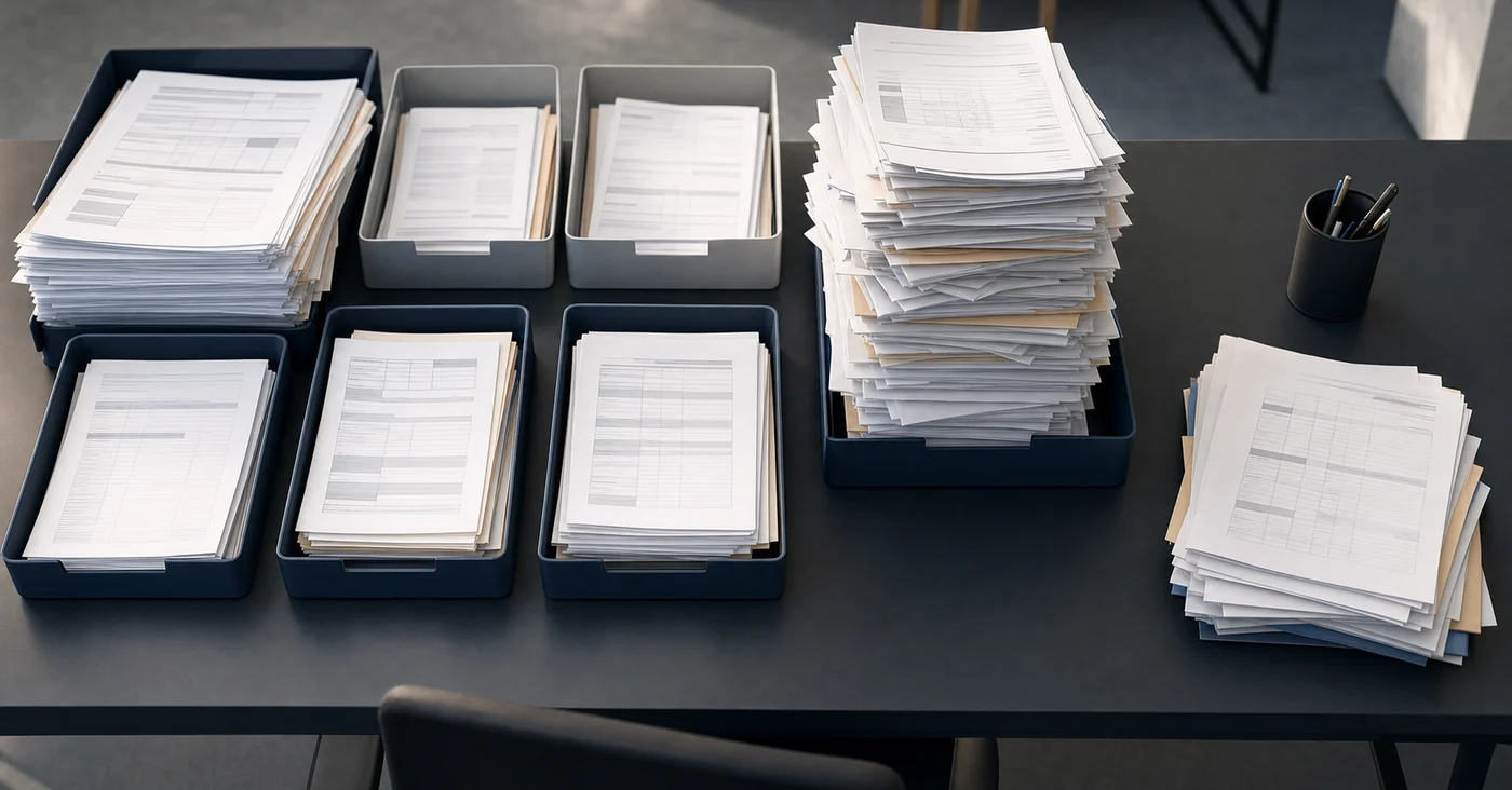 A clean overhead view of organized stacks of paper documents sorted into labeled trays or bins on a desk, some trays overflowing with papers routed to a review pile while others are neatly processed, soft neutral office lighting, muted blue and gray tones, no people visible, photorealistic style, no text or labels anywhere in the image