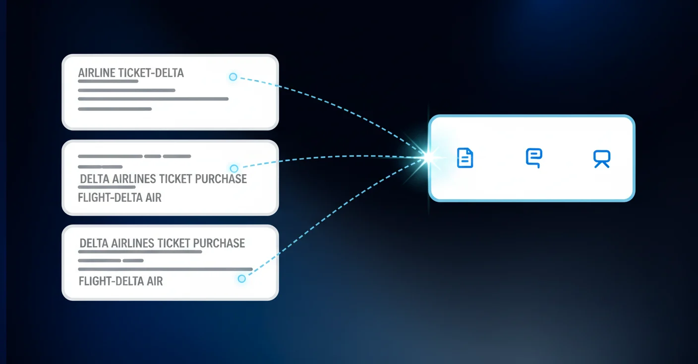 A clean, modern diagram showing fuzzy matching concept in accounting software. Left side shows multiple vendor transaction descriptions with slight variations (like airline tickets with different format strings). Right side shows these variations connecting to a single vendor category through intelligent pattern recognition. Use a minimal color palette with blues and grays. Abstract, professional illustration style suitable for financial software documentation. No text, words, or letters.