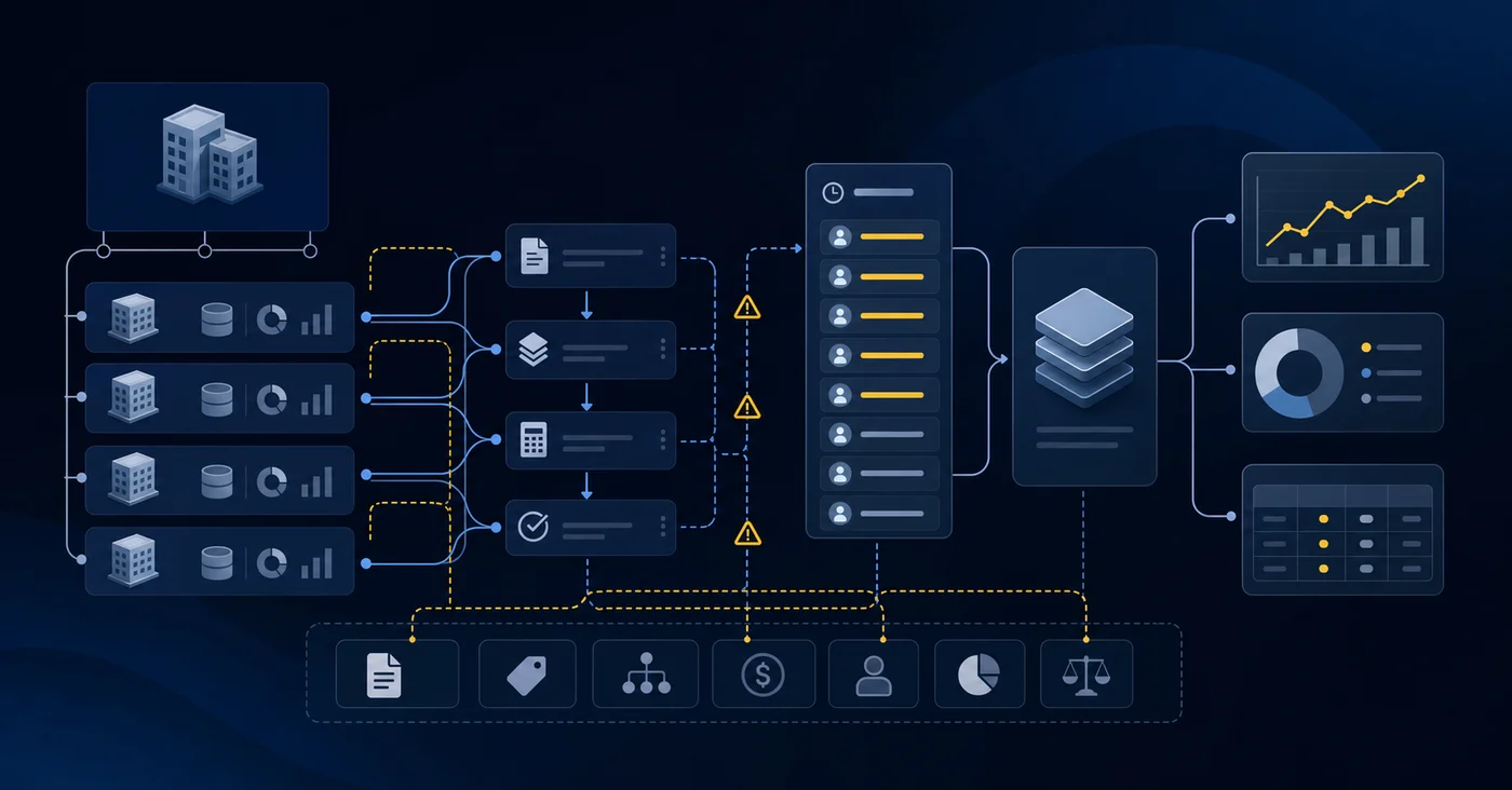 A professional technical diagram showing multi-entity accounting structure with interconnected nodes representing subsidiary entities, workflow paths showing sequential dependencies and bottlenecks, data flowing between different organizational units, approval queues stacking up, and consolidation layers. Use a clean, structured layout with a muted professional color palette of blues and grays. Show the complexity of intercompany relationships and dimensional tagging visually through connected boxes and flow arrows. Modern, minimalist business illustration style focused on organizational hierarchy and process flow.