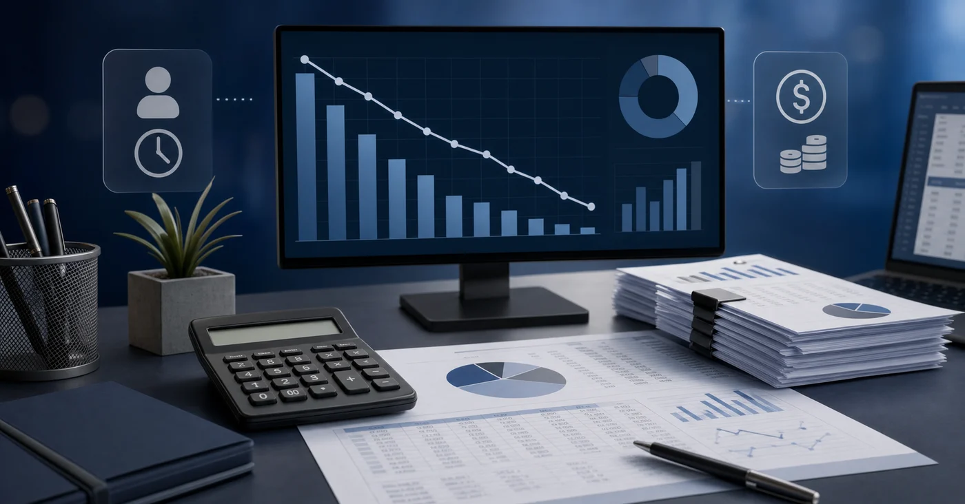 A clean, professional illustration showing financial cost analysis and ROI calculation in an accounting office setting. Show a modern desk with a calculator, spreadsheets with numerical data, charts showing cost trends declining over time, and subtle visual elements representing labor hours and salary expenses. Use a muted professional color palette with blues and grays. The style should be realistic but slightly simplified, focusing on the business analytics aspect of accounting work. No text, words, or letters visible anywhere in the image.