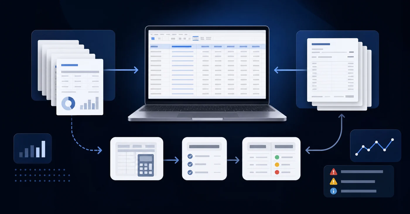 A professional workflow illustration showing a manual financial reconciliation process. Central focus on a laptop screen displaying spreadsheet software with financial data columns and rows. Around the laptop, visual elements representing the flow of data: portfolio system report documents on one side, general ledger account statements on the other, with arrows showing manual data transfer between systems. Include subtle representations of calculation work, data matching, and exception tracking. Clean, modern business illustration style, blue and gray color palette, organized but showing the complexity of manual processes.