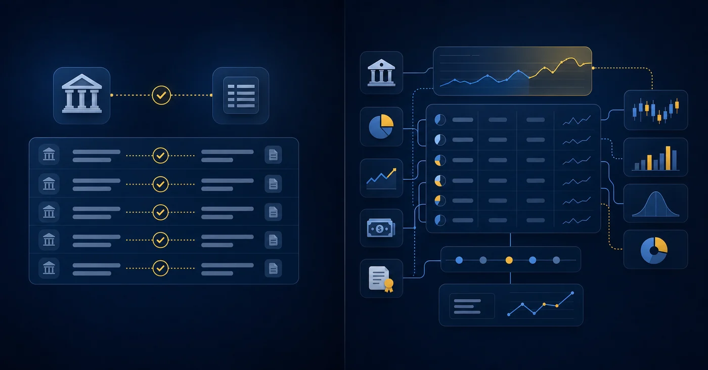 A split-screen comparison visualization showing two accounting workflows side by side. Left side: simple, clean bank reconciliation with straightforward cash transaction matching, depicted with organized rows and clear alignment. Right side: complex brokerage account reconciliation showing multiple layers of securities positions, market value fluctuations, unrealized gains, dividend accruals, and corporate actions creating a more intricate web of data points. Professional financial illustration style, clean lines, blue and gray color palette, no text or labels.