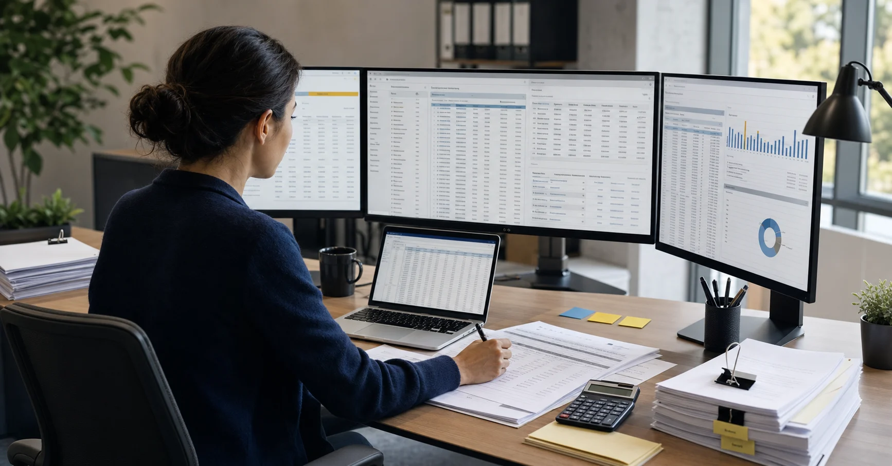 A professional accounting workspace showing a staff accountant working on donation reconciliation, with multiple monitors displaying spreadsheet data, bank statements, and donor management system reports. The desk has organized paperwork, a calculator, and sticky notes. The scene conveys focused work on matching financial records across multiple systems. Modern office setting with natural lighting, clean and professional atmosphere.
