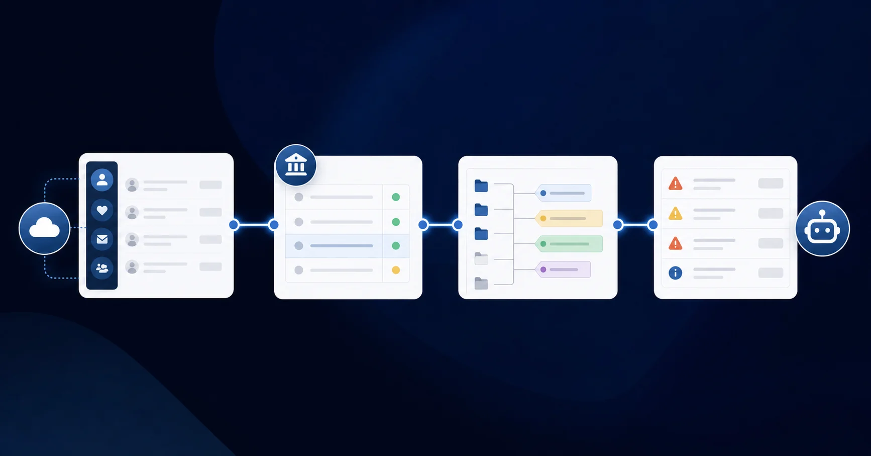 A clean, professional diagram showing an automated donation reconciliation workflow for nonprofit accounting. The image shows four connected stages flowing from left to right: donor data ingestion from CRM systems, deposit matching against bank feeds, fund coding and restriction tagging with dimension labels, and exception review queue. Each stage represented by modern interface cards or panels with subtle connection lines. Minimalist design with blue and gray color scheme, no text or labels, focusing on the visual flow of data through an accounting automation system. Technical but accessible style suitable for finance professionals.