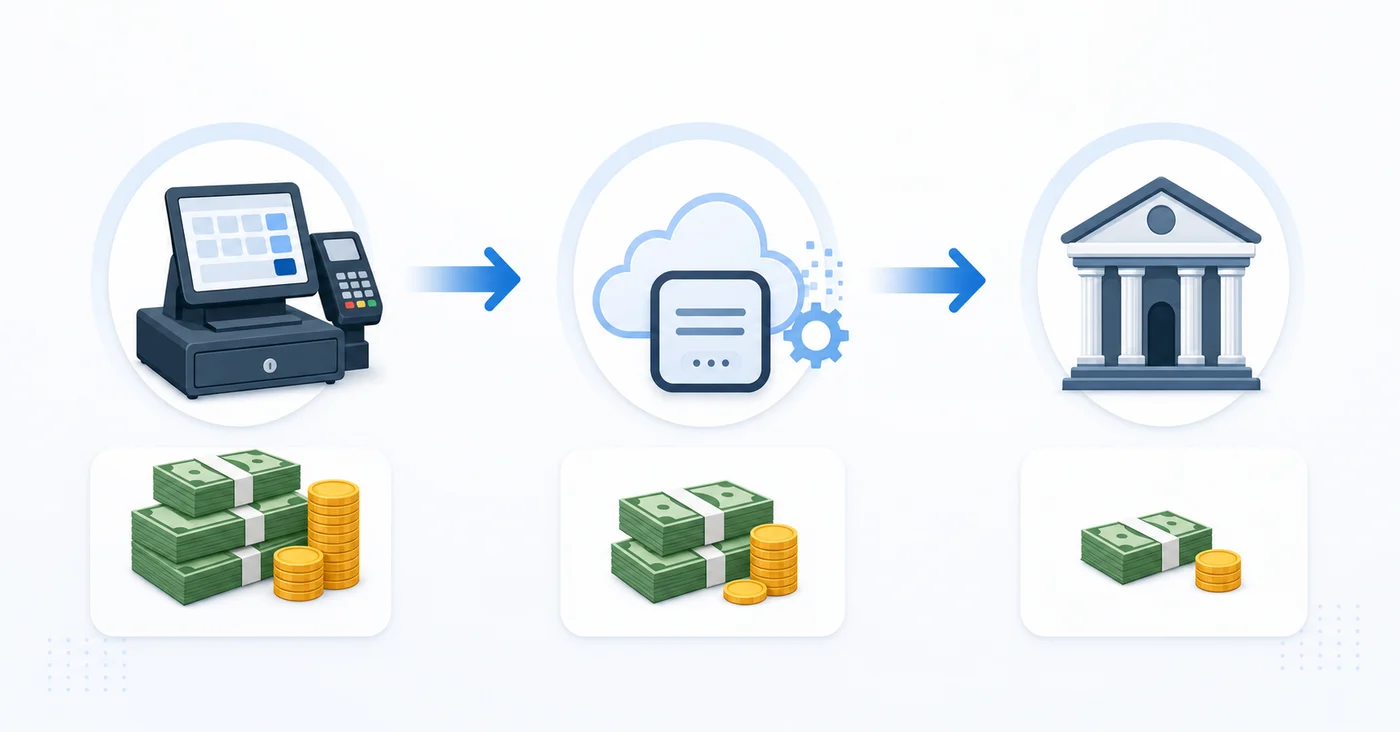 A clean, professional diagram showing the flow of a point of sale transaction through three stages: a cash register or terminal representing gross sales, flowing to a processor/gateway icon showing fee deduction, and finally to a bank building representing net settlement deposit. Use arrows to show the progression and include visual representation of money/currency decreasing as it moves through each stage. Modern, minimalist business illustration style with a light background and professional color palette of blues and grays.
