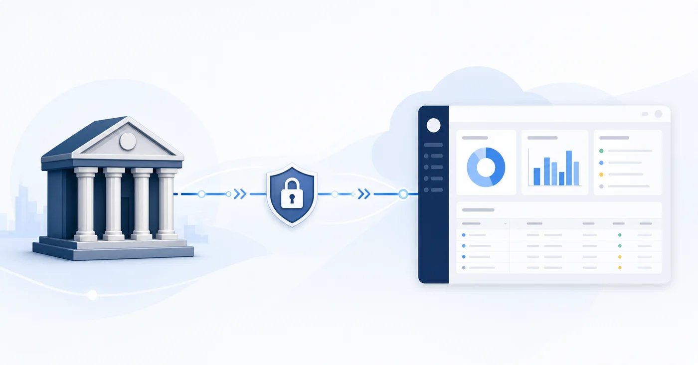 A clean, professional diagram showing a bank building icon connected to a cloud-based accounting software interface through a secure data flow line. Visualize the connection between a financial institution and a cloud platform with arrows indicating automatic transaction data flowing from the bank to the software system. Modern, minimalist business illustration style with a light background and professional color palette of blues and grays. Include visual elements representing security like a lock icon or shield on the connection line.