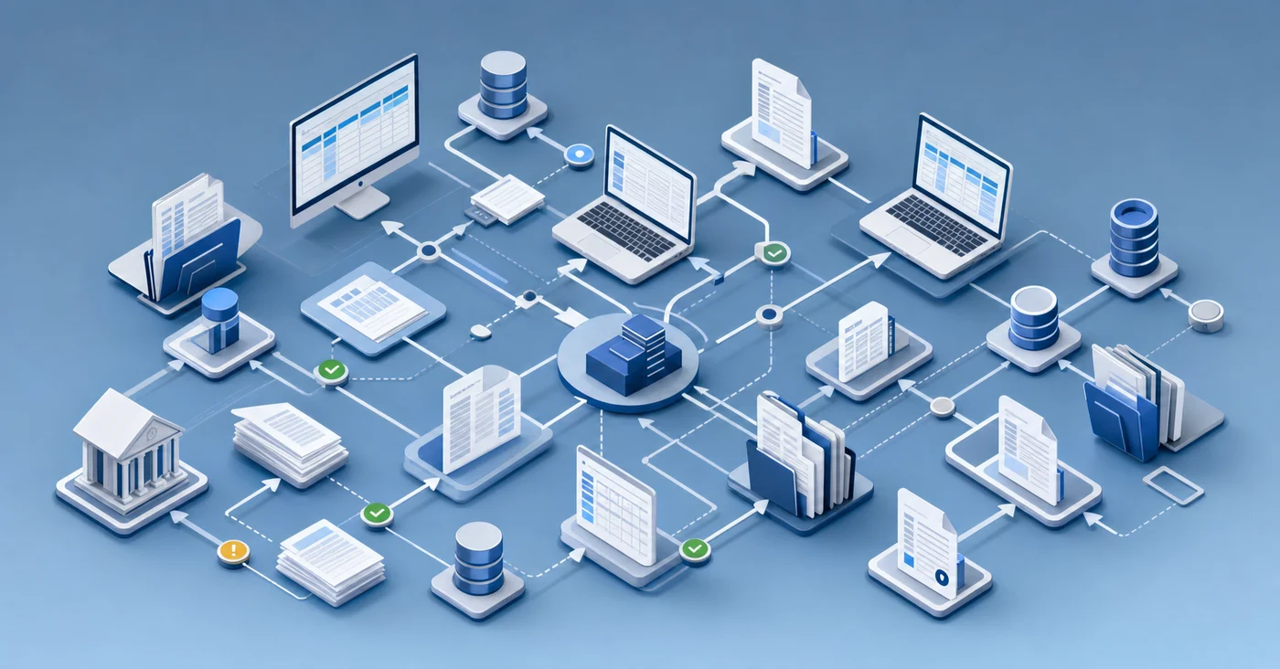 A clean, modern illustration showing a complex accounting workflow with multiple interconnected elements: spreadsheets with transaction data, document files, bank statements, and GL ledgers flowing between different workstations. Use a professional color palette with blues and grays. Show the complexity and manual nature of reconciliation work across multiple entities through interconnected nodes and pathways. Isometric or semi-flat design style, no people, no text or labels.