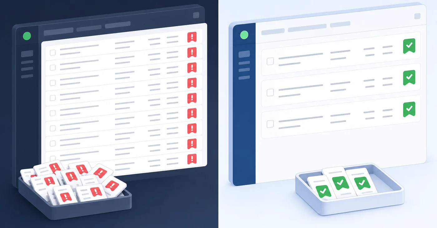 A clean, modern illustration showing two side-by-side comparison views of exception queues in accounting software. Left side shows a crowded, overwhelming queue with many flagged transaction items stacked up. Right side shows a minimal, organized queue with only a few flagged items. Use a professional color palette with blues, greens, and grays. Show transaction list items, alert icons, and queue management interface elements in an isometric or semi-flat design style. No people, no text or labels.