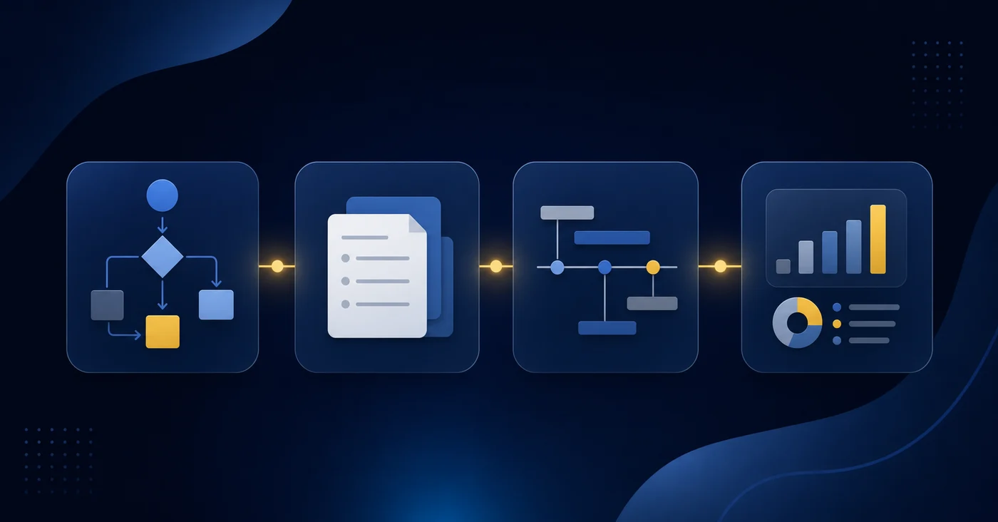 A clean, professional diagram showing four interconnected building blocks or pillars representing a financial close framework. Each block should be distinct and organized in a structured layout. The style should be modern, minimal, and business-oriented with a color palette of blues and grays. Abstract geometric shapes representing workflow, documentation, timeline, and tracking concepts. No text or letters.