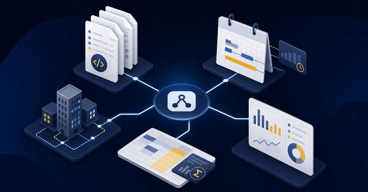 A clean, modern illustration showing five interconnected workflow bottlenecks in a SaaS accounting close process. Visualize: stacked transaction documents with coding symbols, calendar schedules showing deferred revenue timelines, multiple entity buildings connected by lines representing intercompany flows, spreadsheet grids with formulas, and variance analysis charts. Use a professional color palette of navy blue, slate gray, and minimal accent colors. Isometric or flat design style, no people, purely workflow and data visualization elements.