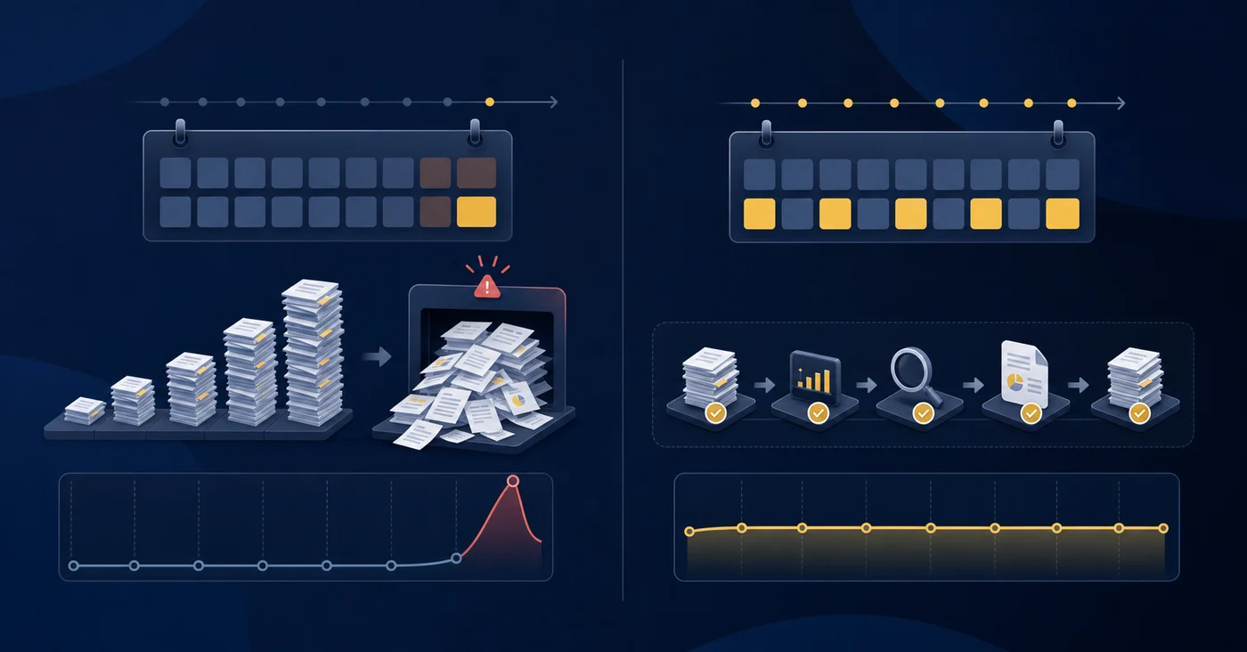 A clean, modern split-screen comparison illustration showing two accounting workflow approaches. Left side: batch close process with stacked documents piling up during a month, then compressed into a tight end-of-month processing window with stress indicators. Right side: continuous accounting with work distributed evenly across the calendar month, showing smooth, ongoing reconciliation and review cycles. Use a professional color palette of navy blue, slate gray, and minimal accent colors. Isometric or flat design style, no people, purely workflow and calendar visualization elements showing time distribution and workload patterns.