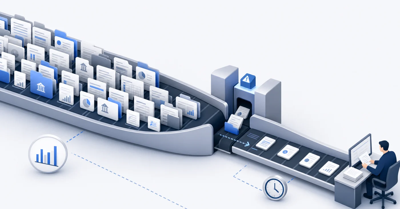 A clean, professional diagram showing a bottleneck in financial workflow. Visualize a queue of banking transactions piling up at a narrow checkpoint, with documents and data waiting to be processed. Show the contrast between high volume input on one side and slow manual processing creating backup on the other. Use blue and gray tones, modern minimalist accounting software aesthetic, isometric or flat design style, no text or labels