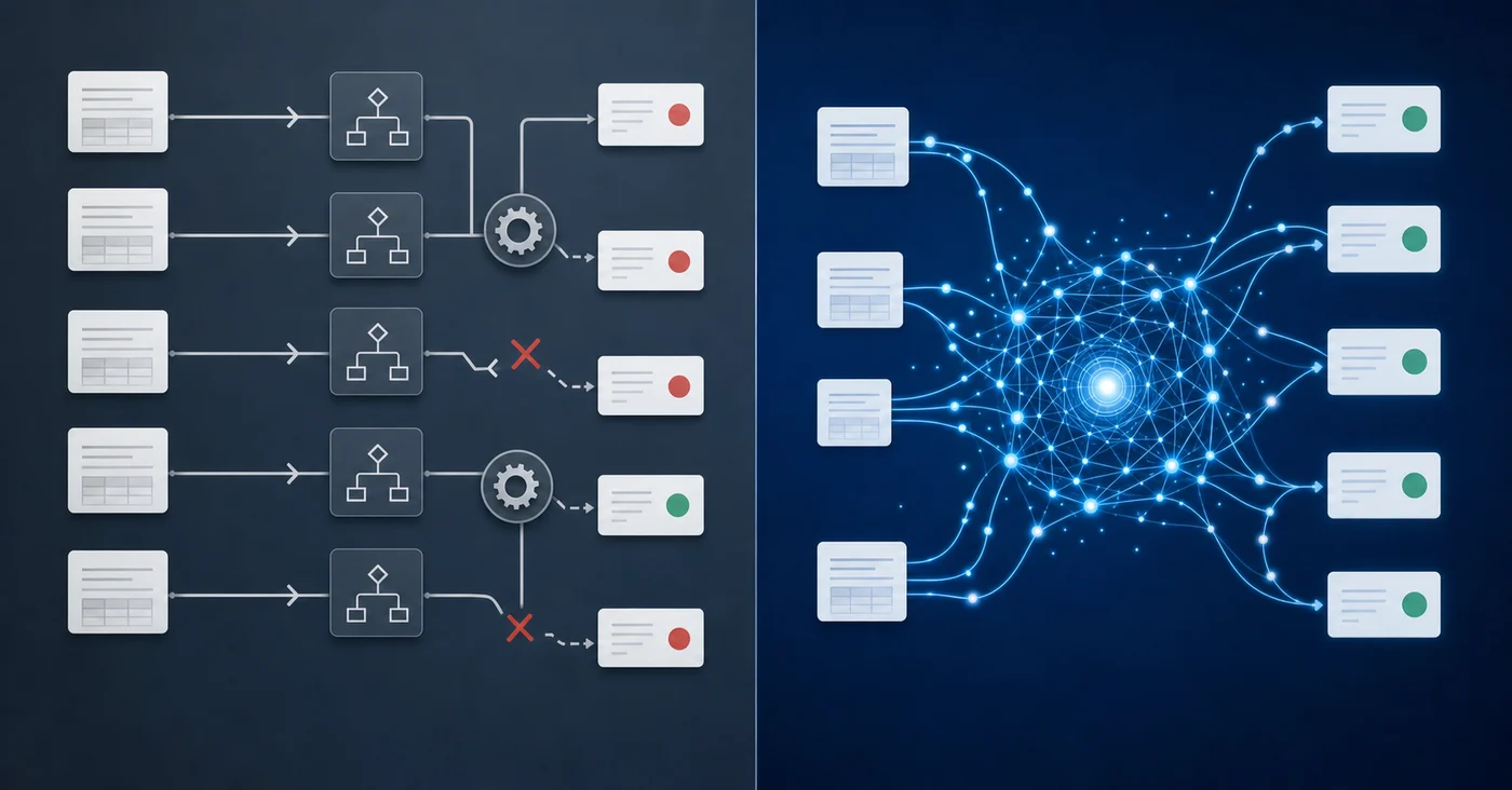 A split-screen comparison diagram showing two transaction processing workflows side by side. Left side: rigid, manual rule-based system with static decision trees and breaking connections when conditions change. Right side: adaptive AI-powered system with flowing neural network patterns learning from transaction patterns. Clean, professional accounting software aesthetic with blue and gray tones, no text or labels, focus on visual metaphor of static rules versus adaptive learning