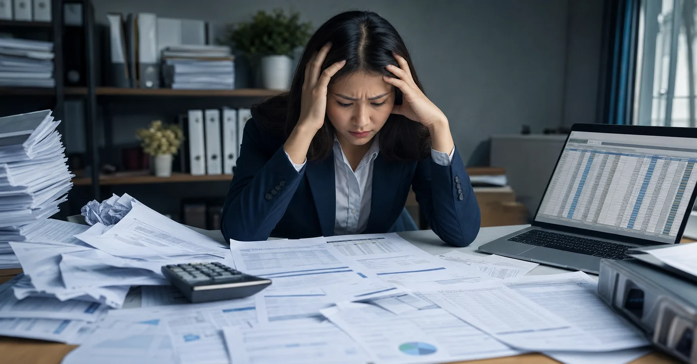 A stressed accountant surrounded by multiple scattered paper documents, spreadsheets, and financial statements on a messy desk, with a laptop showing complex pivot tables and Excel sheets. The scene conveys overwhelm and manual inefficiency in financial reconciliation work. Professional office setting with soft dramatic lighting emphasizing the chaos of paper-based workflows. Photorealistic style, muted blue and gray color palette.