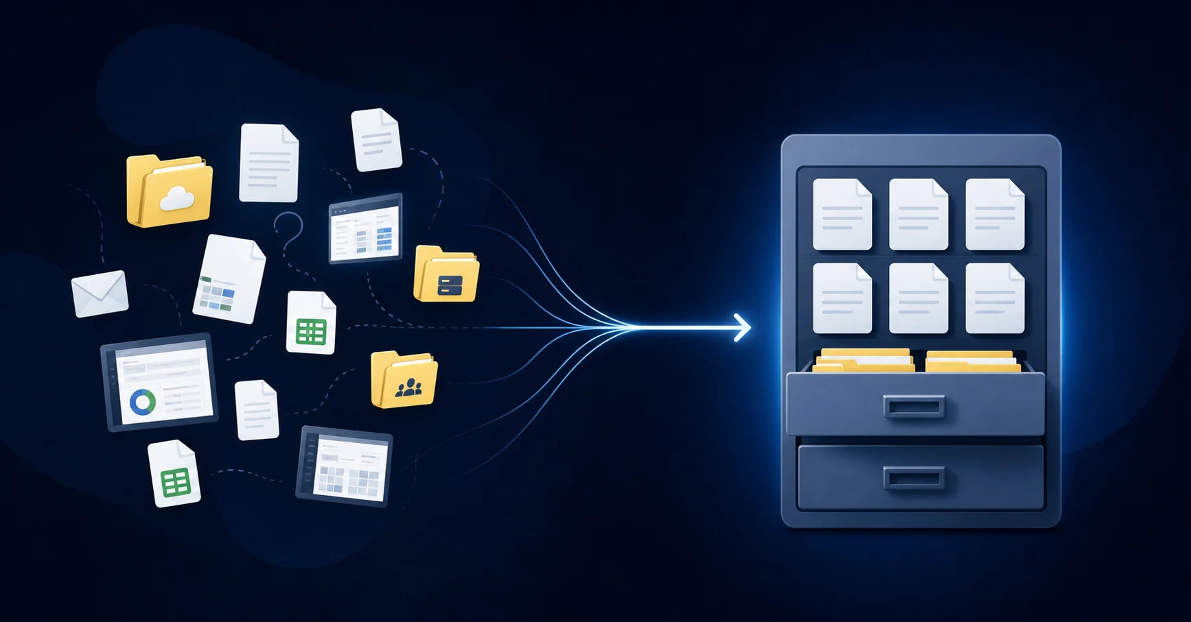 A clean, professional illustration showing scattered documentation sources converging into a single organized system. Visual elements include: file folders on shared drives, email envelopes, spreadsheet icons, and screenshot thumbnails on the left side appearing disconnected and chaotic, with arrows pointing toward a centralized, structured document repository on the right side represented by a organized filing cabinet or digital dashboard. Modern business illustration style with a muted color palette of blues, grays, and whites, emphasizing the contrast between fragmented and unified documentation approaches.